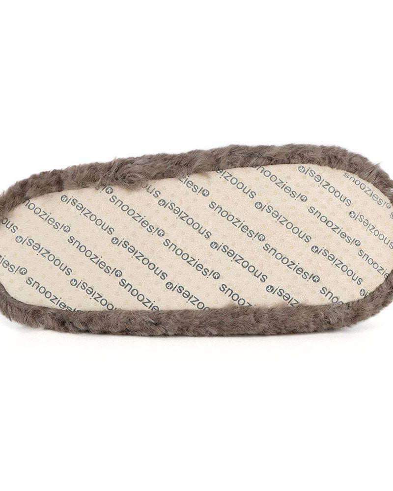 Snoozies Teddy Bear Faux Fur Slippers with Memory Foam Sole showing grip on bottom
