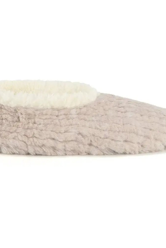 Snoozies Teddy Bear Faux Fur Slippers with Memory Foam Sole in oatmeal beige showing side view