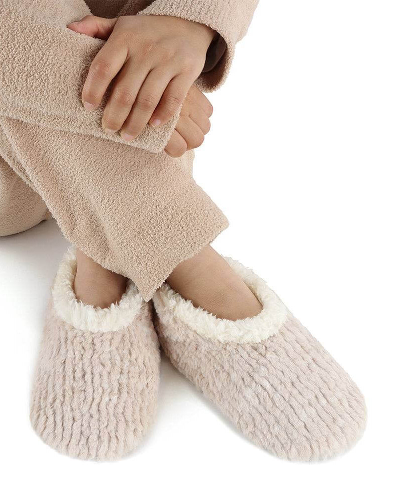 Snoozies Teddy Bear Faux Fur Slippers with Memory Foam Sole in oatmeal beige showing view on model