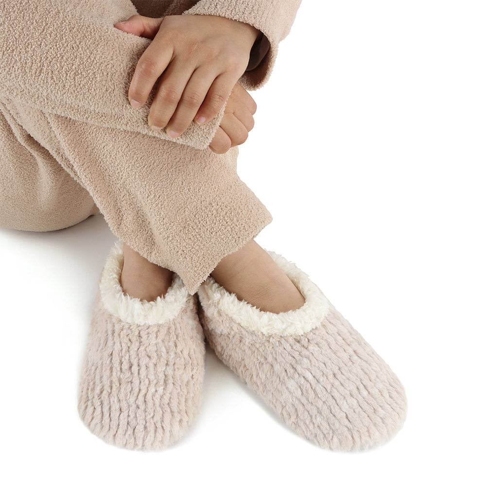 Snoozies Teddy Bear Faux Fur Slippers with Memory Foam Sole in oatmeal beige showing view on model