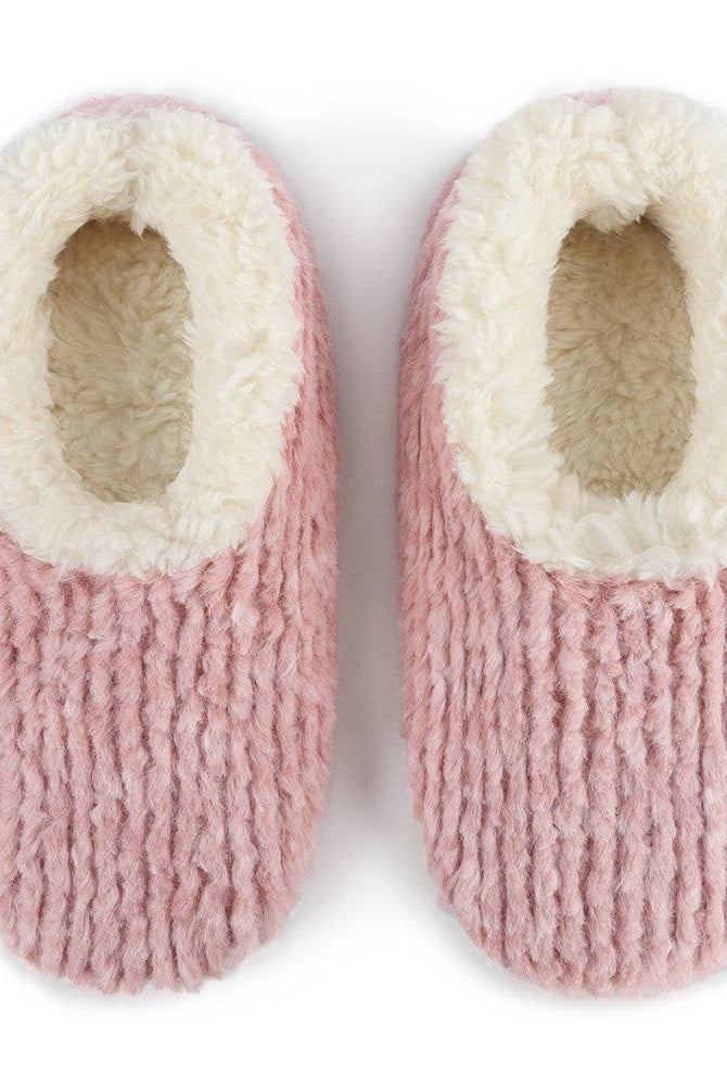 Snoozies Teddy Bear Faux Fur Slippers with Memory Foam Sole top view in soft pink color.