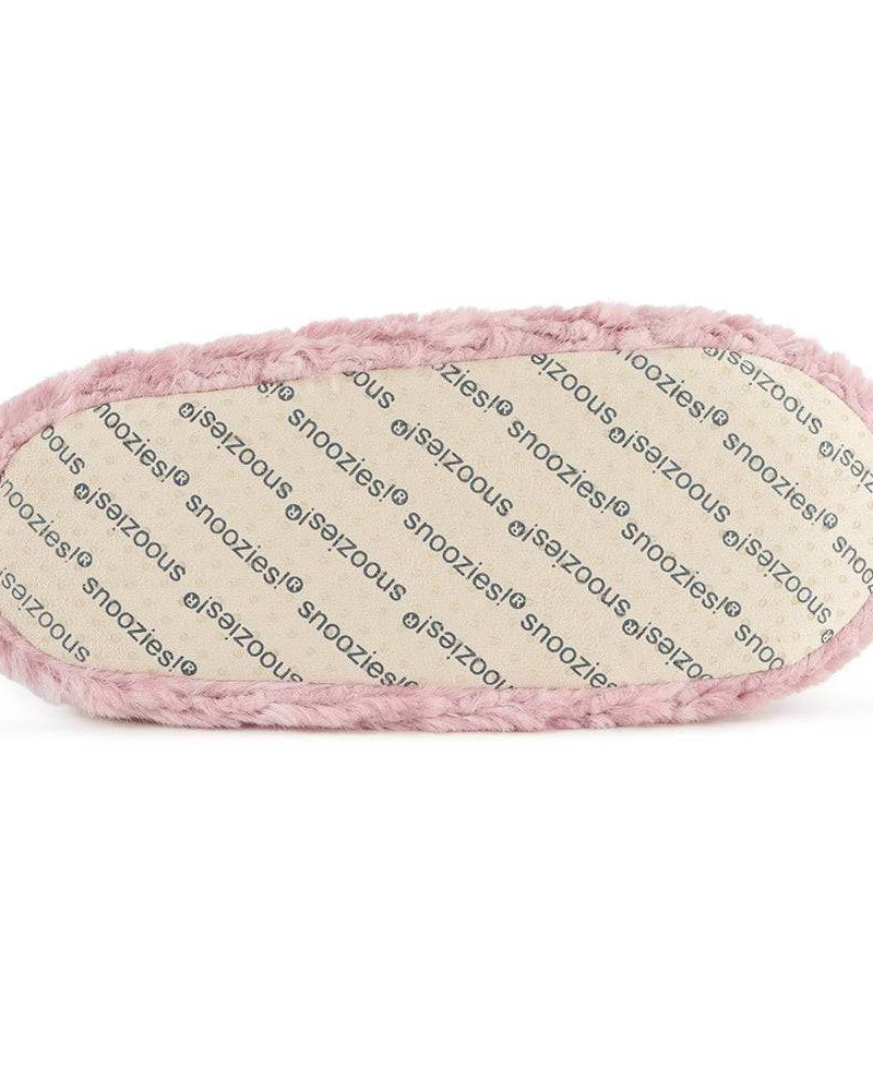 Snoozies Teddy Bear Faux Fur Slippers with Memory Foam Sole showing bottom of slipper