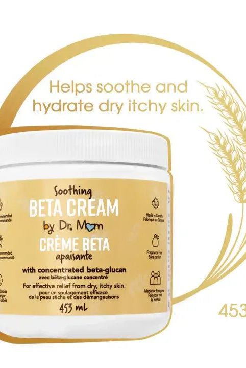 Jar of Soothing Beta Cream by Dr. Mom with text about skin care benefits on a white background.