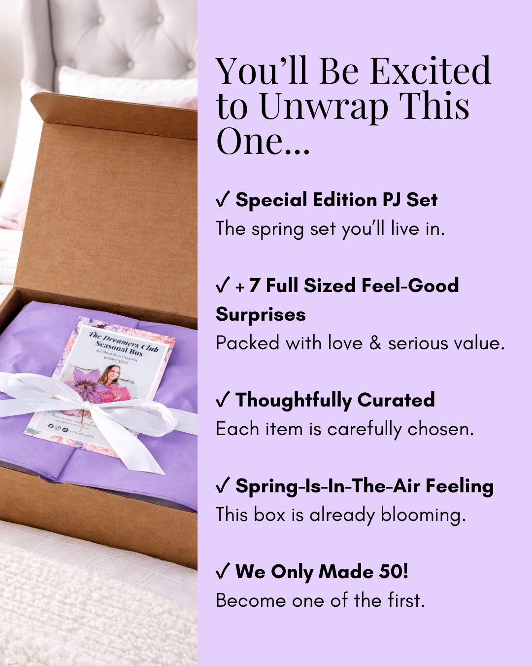 The Dreamer's Club Seasonal Box featuring a special edition PJ set and curated surprises for spring.