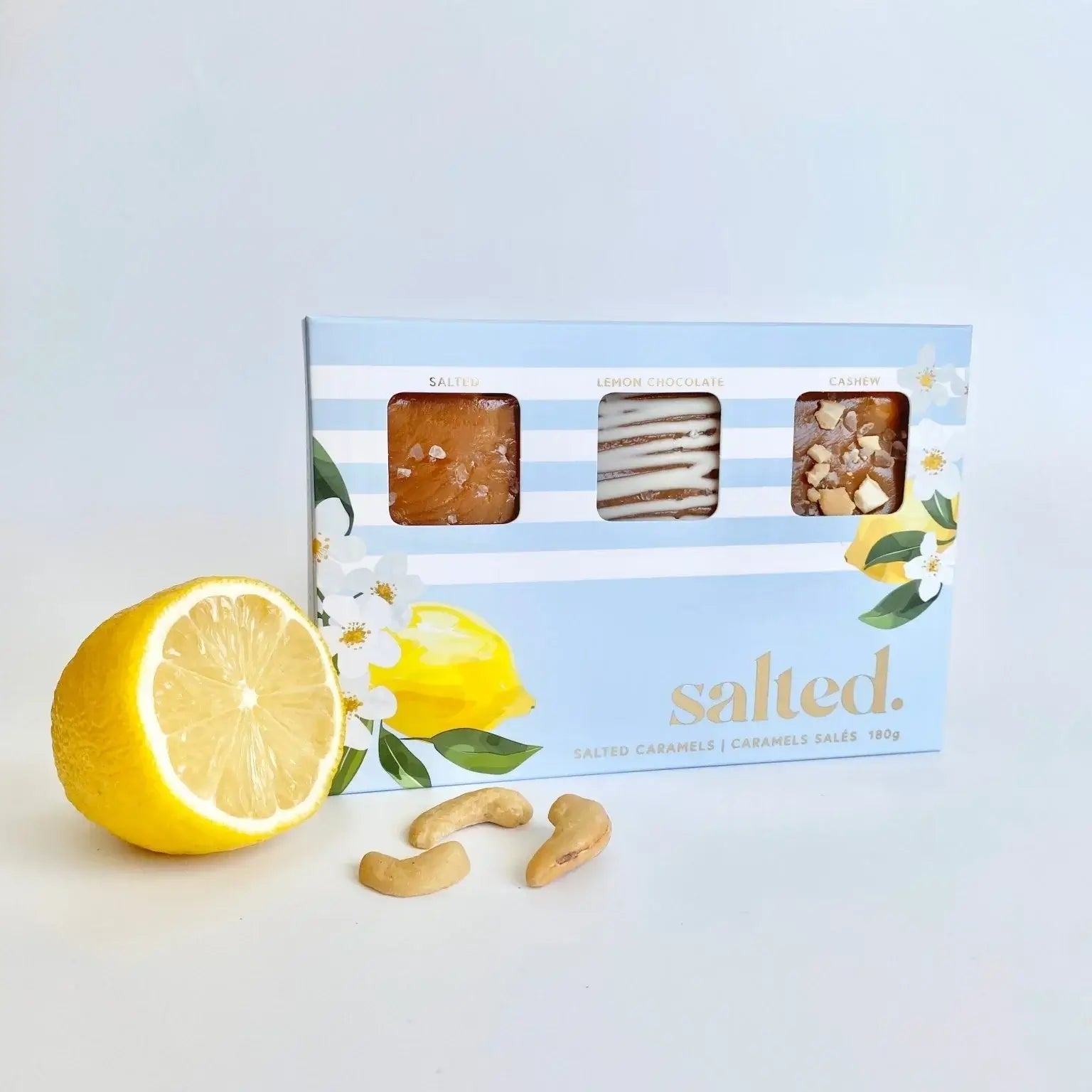 Shop Salted Springtime Salted Caramels gift box with lemon, cashew and sea salt caramels — Cloud Nine Pajamas
