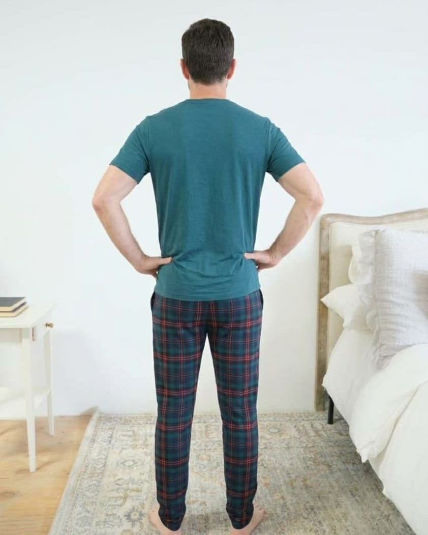 Bob's Sleepwear Co. Stormy Blue Plaid Bamboo Jogger Pant back view no back seam — Cloud Nine Pajamas Edmonton