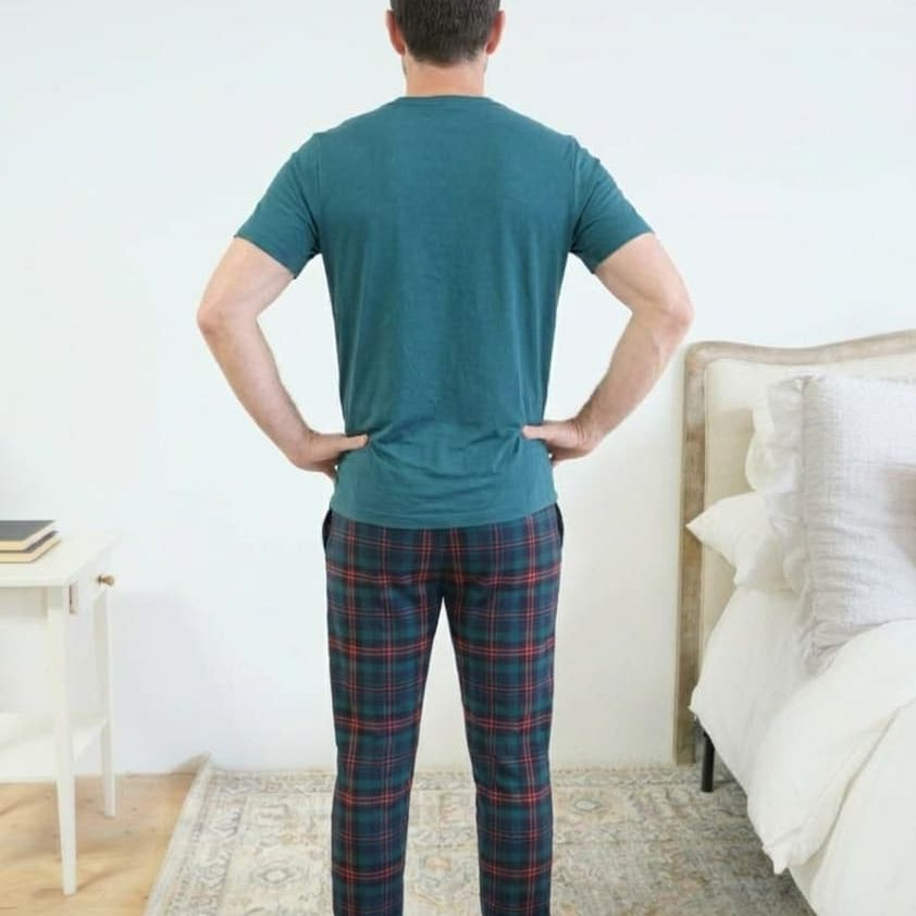 Bob's Sleepwear Co. Stormy Blue Plaid Bamboo Jogger Pant back view no back seam — Cloud Nine Pajamas Edmonton