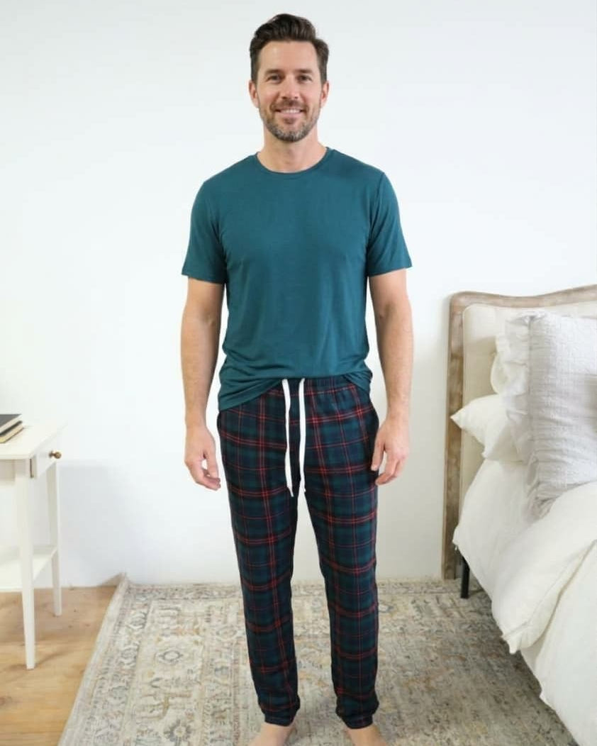 Bob's Sleepwear Co. Stormy Blue Plaid Bamboo Jogger Pant front view — Cloud Nine Pajamas Edmonton
