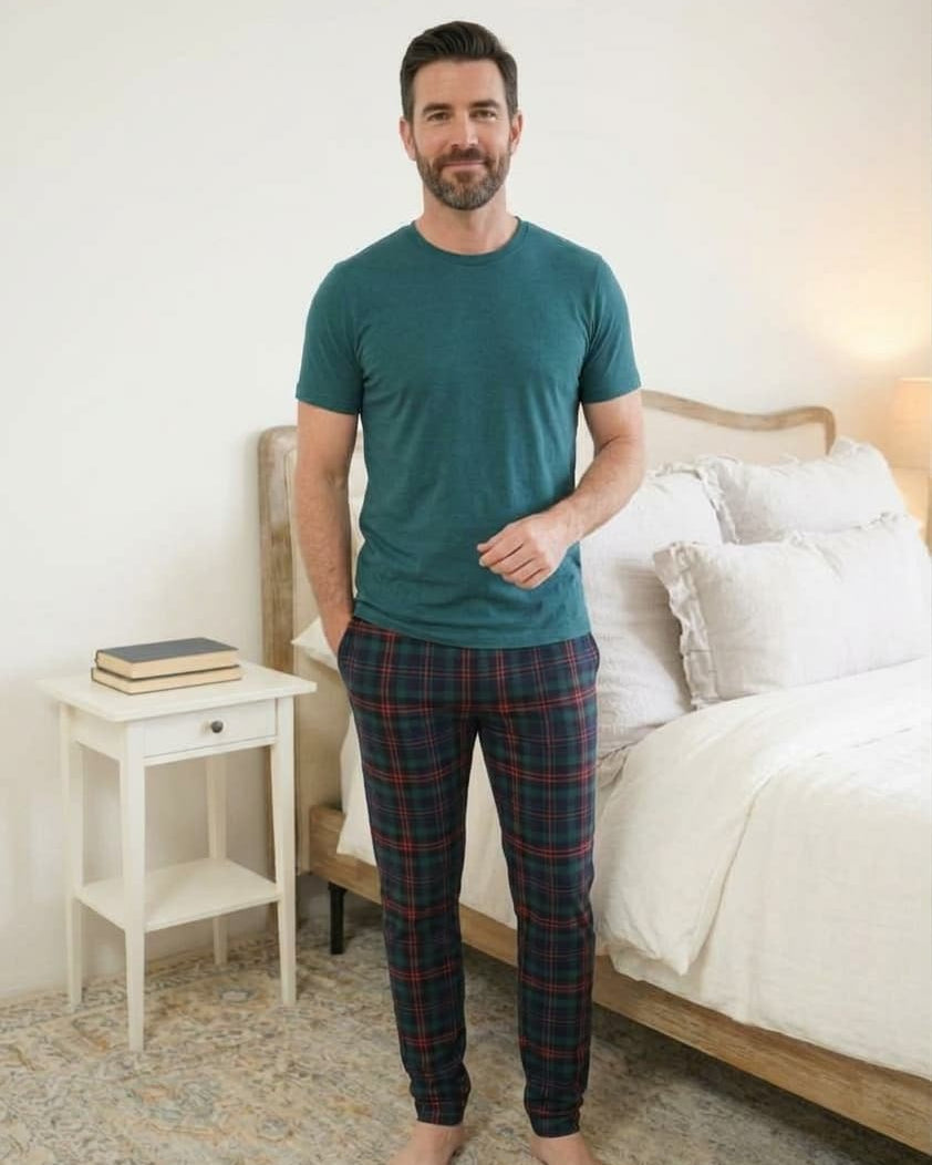 Bob's Sleepwear Co. Stormy Blue Plaid Bamboo Jogger Pant lifestyle on model — Cloud Nine Pajamas Edmonton