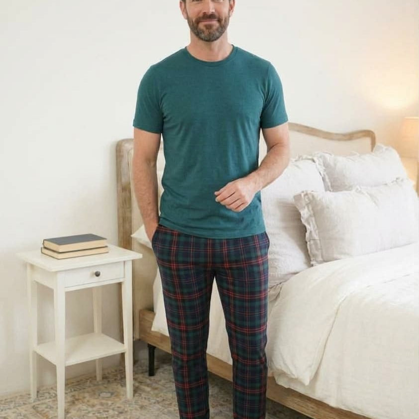 Bob's Sleepwear Co. Stormy Blue Plaid Bamboo Jogger Pant lifestyle on model — Cloud Nine Pajamas Edmonton