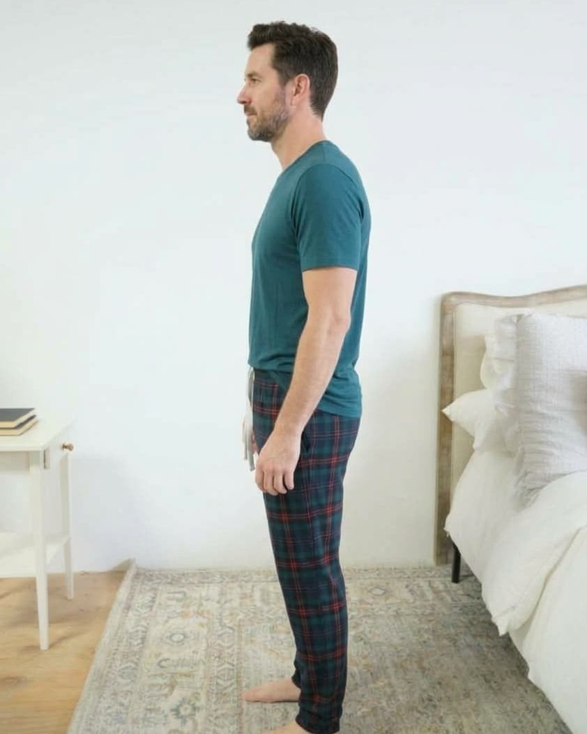 Bob's Sleepwear Co. Stormy Blue Plaid Bamboo Jogger Pant side view showing deep pockets — Cloud Nine Pajamas Edmonton