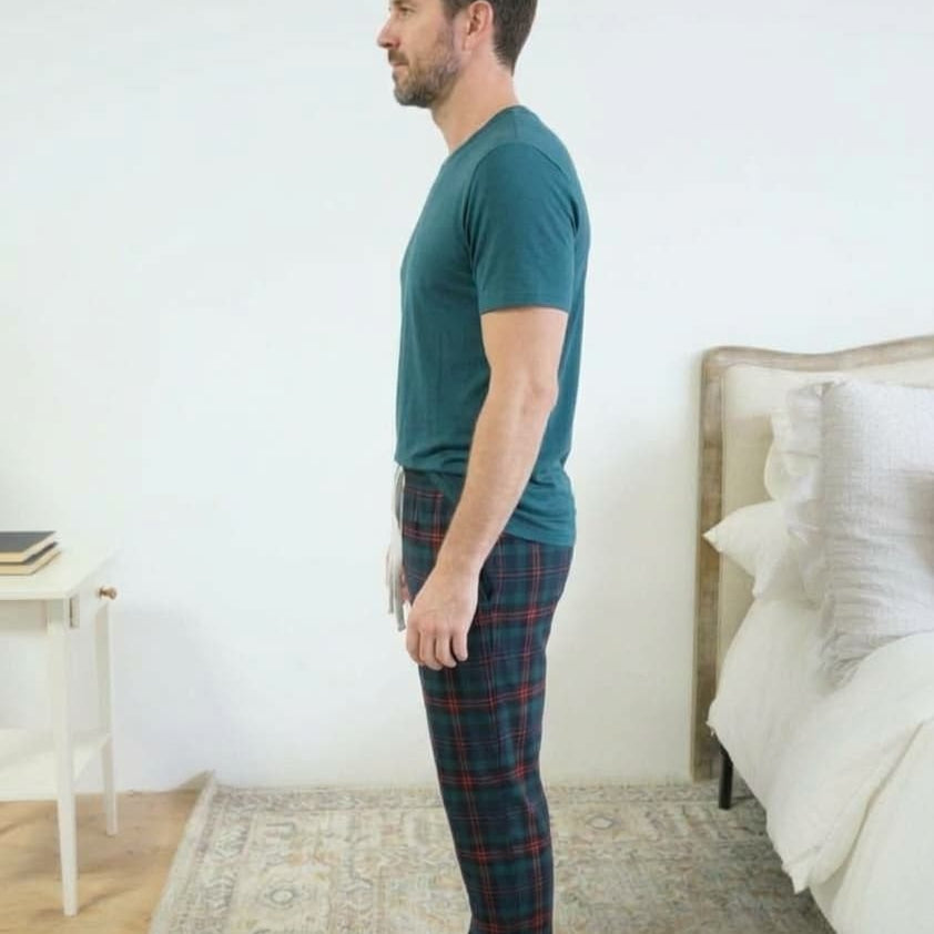 Bob's Sleepwear Co. Stormy Blue Plaid Bamboo Jogger Pant side view showing deep pockets — Cloud Nine Pajamas Edmonton