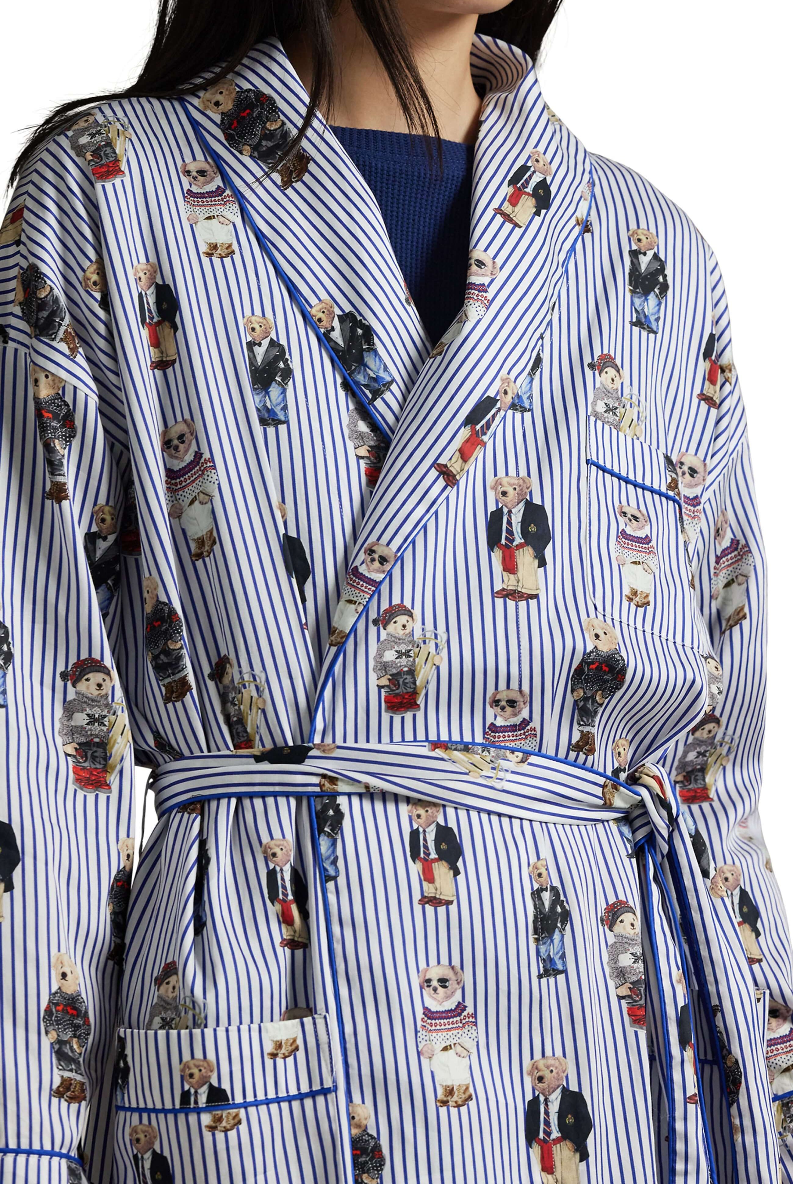 women's long striped ralph lauren bear robe in blue Polo Ralph Lauren