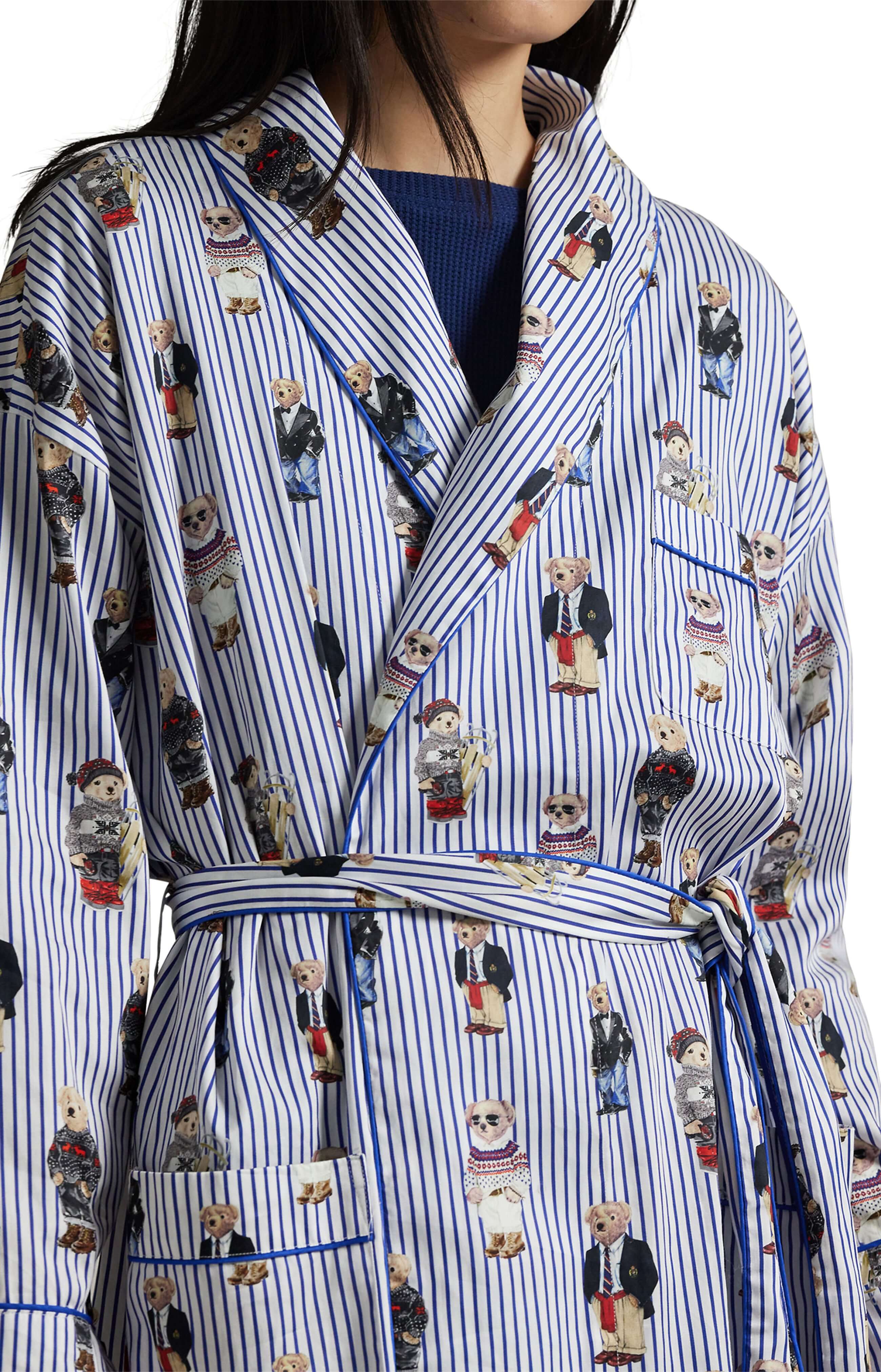 women's long striped ralph lauren bear robe in blue Polo Ralph Lauren