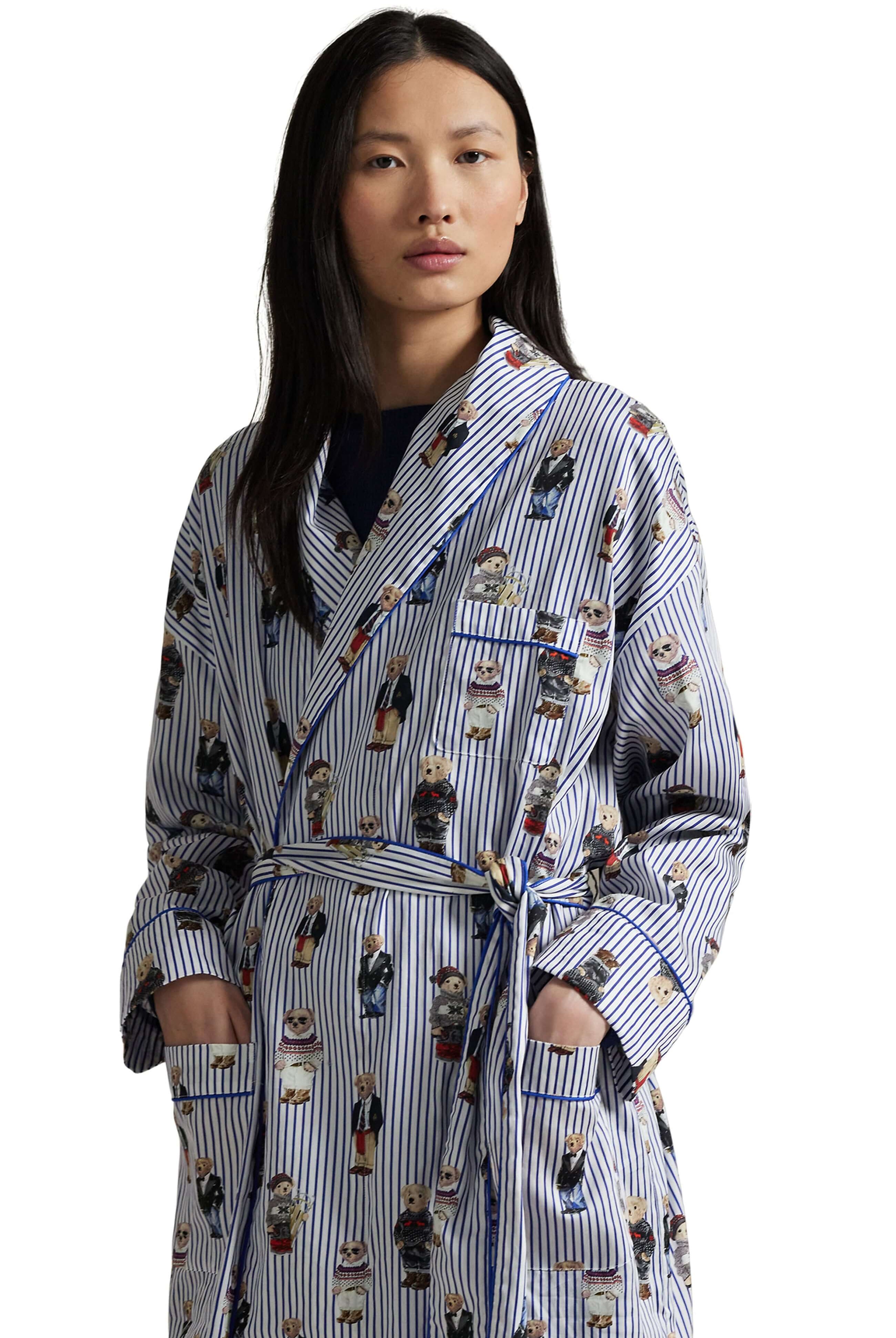 women's long striped ralph lauren bear robe in blue Polo Ralph Lauren