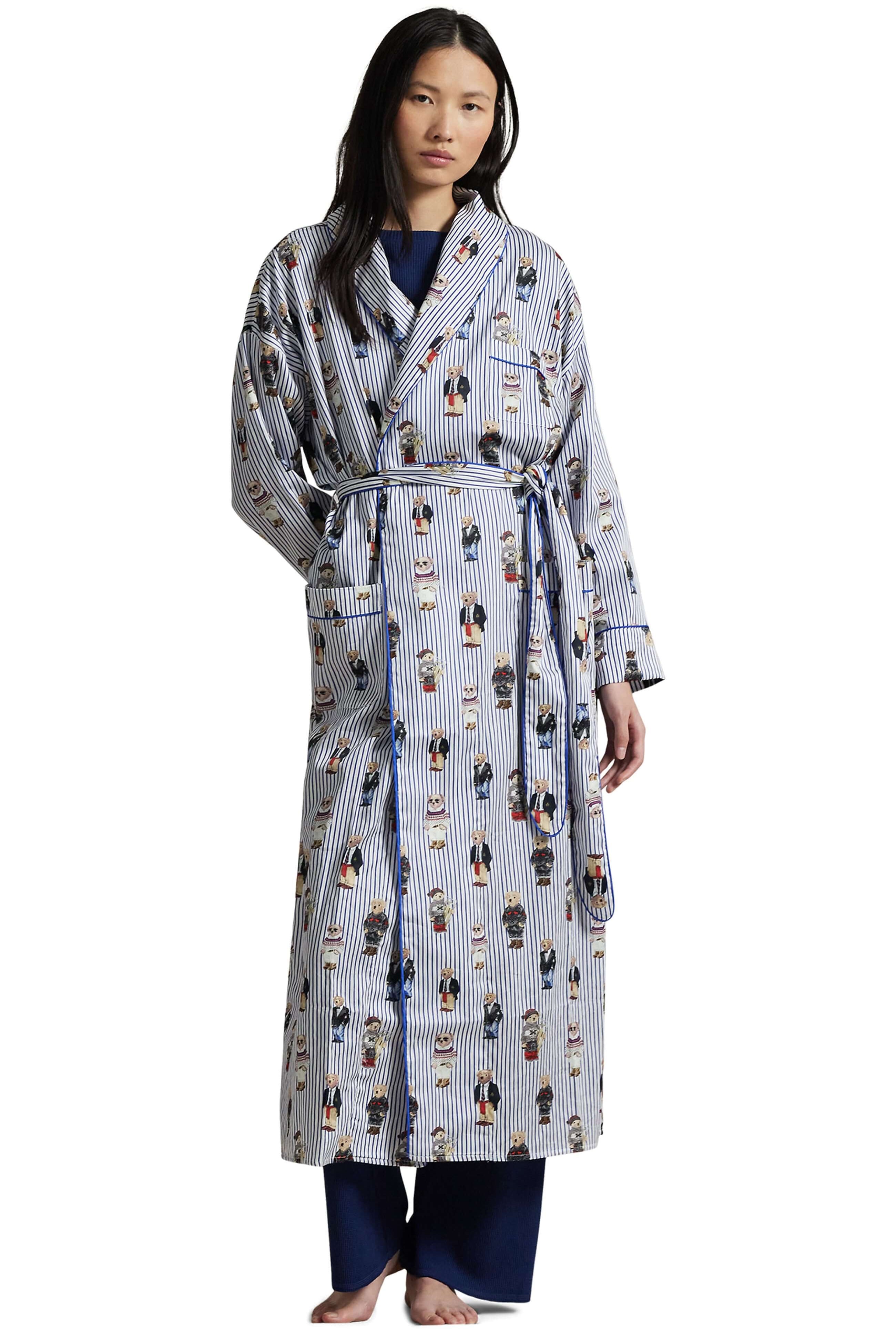 women's long striped ralph lauren bear robe in blue Polo Ralph Lauren