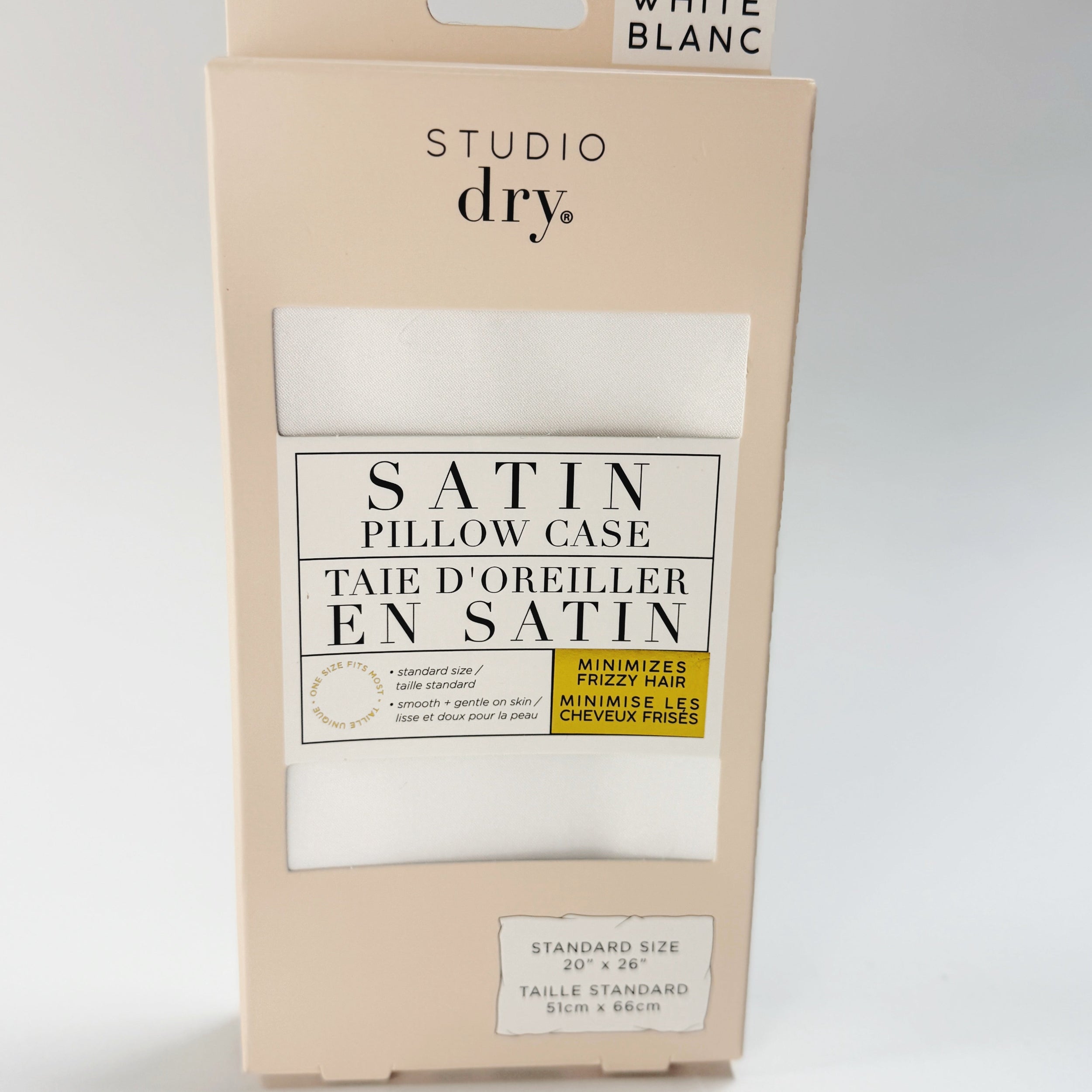 white studio dry satin pillowcase for prventing hair damage and breakage, minimizes frizzy hair