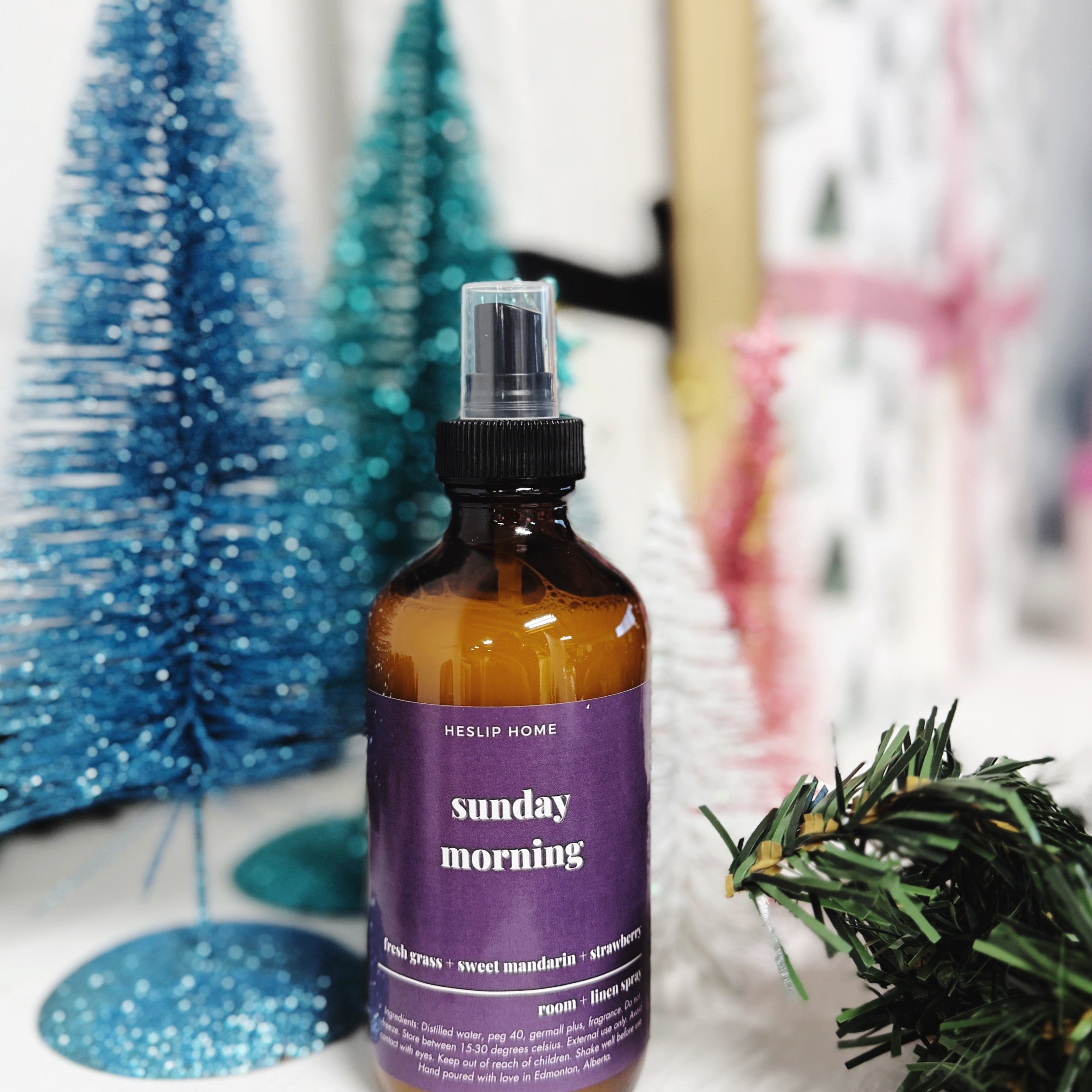 Sunday Morning Heslip Home Luxury Room & Linen spray with notes of strawberry, fresh cut grass and Sweet Mandarin