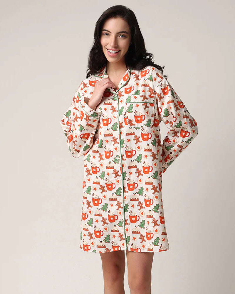 women's flannel nightgown 100% cotton with holiday hot cocoa and cookies print by mahogany
