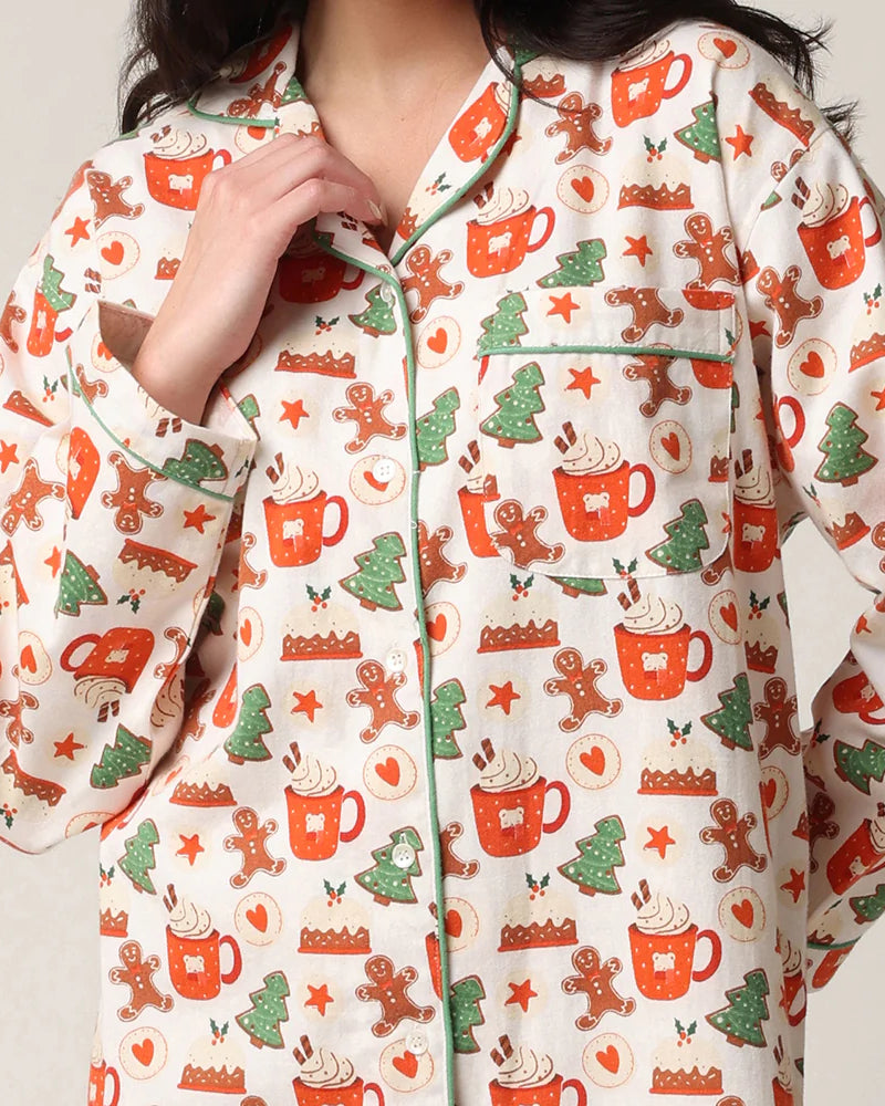women's flannel nightgown 100% cotton with holiday hot cocoa and cookies print by mahogany