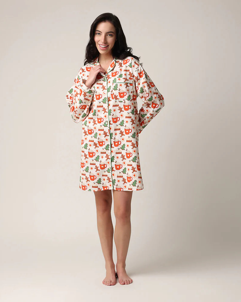 women's flannel nightgown 100% cotton with holiday hot cocoa and cookies print by mahogany