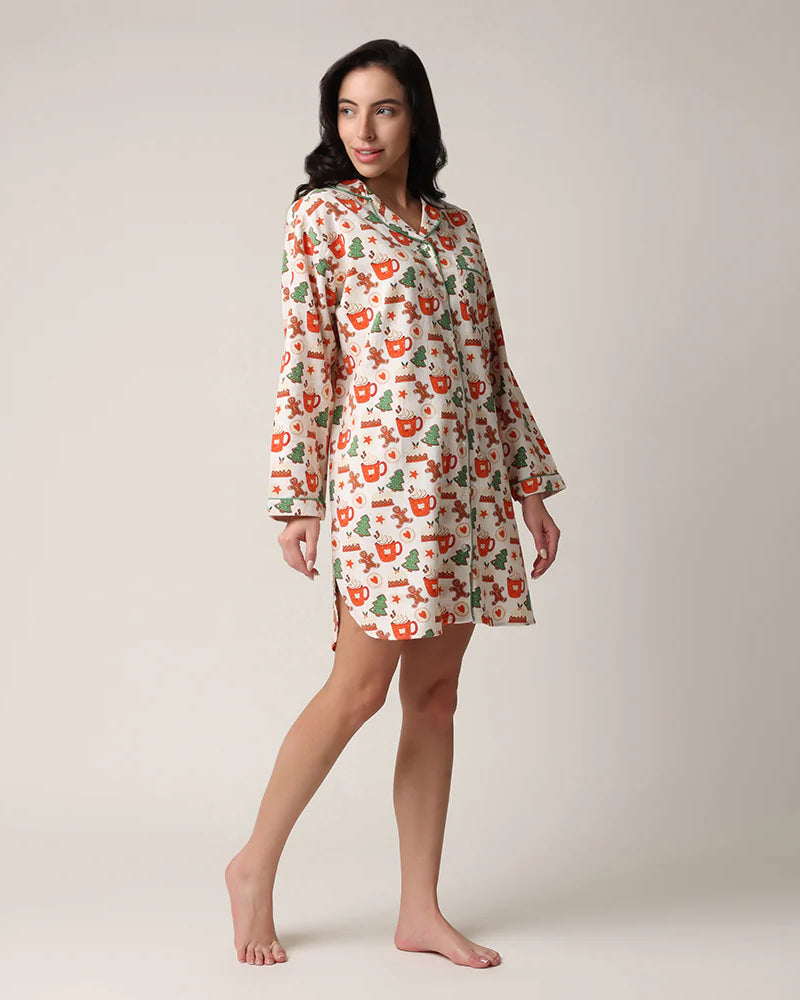 women's flannel nightgown 100% cotton with holiday hot cocoa and cookies print by mahogany