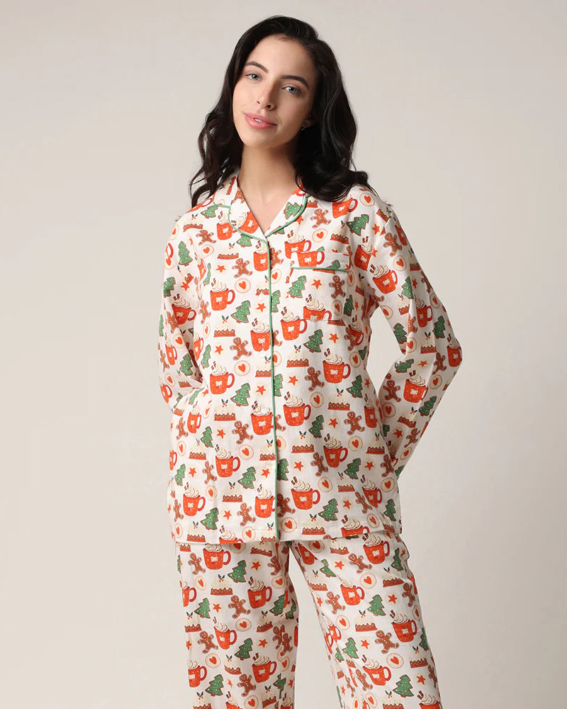 women's cotton flannel button up pj set with hot cocoa and cookies print by mahogany