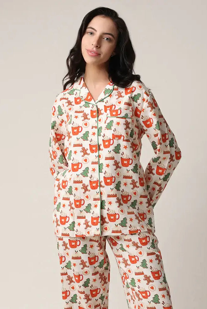 women's cotton flannel button up pj set with hot cocoa and cookies print by mahogany