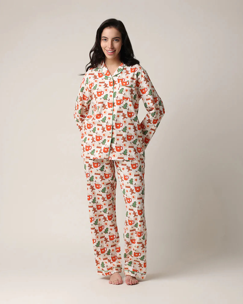 women's cotton flannel button up pj set with hot cocoa and cookies print by mahogany