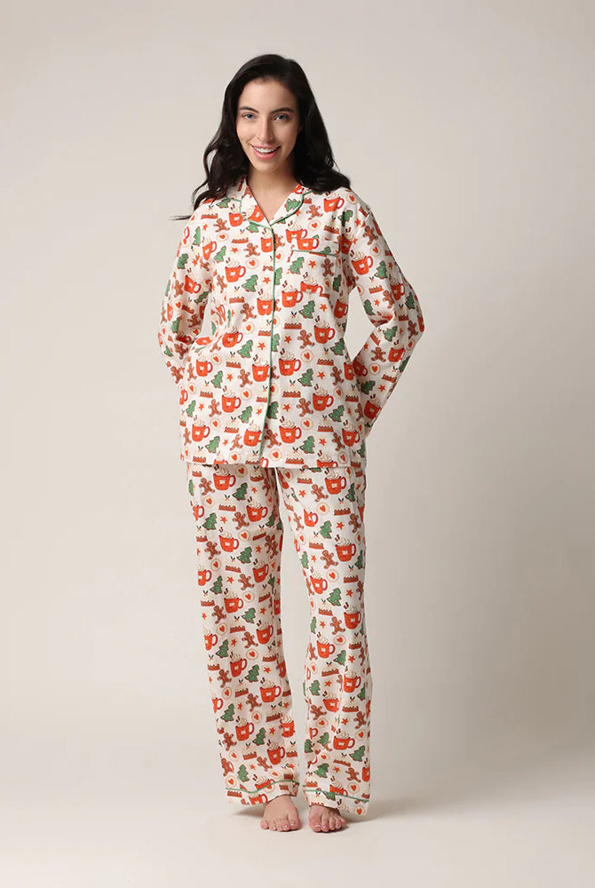 women's cotton flannel button up pj set with hot cocoa and cookies print by mahogany