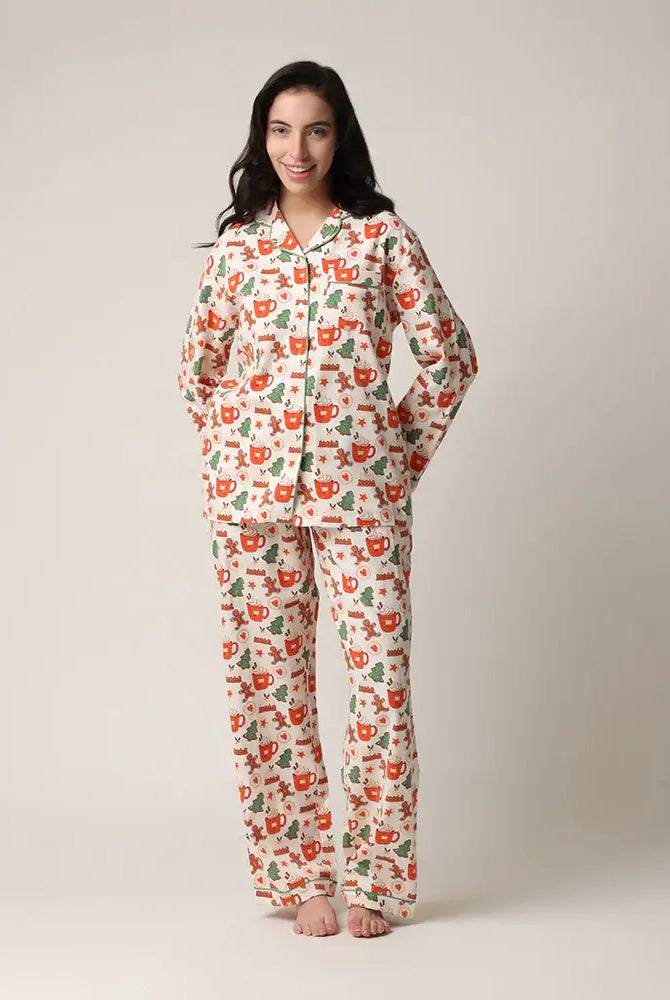 women's cotton flannel button up pj set with hot cocoa and cookies print by mahogany
