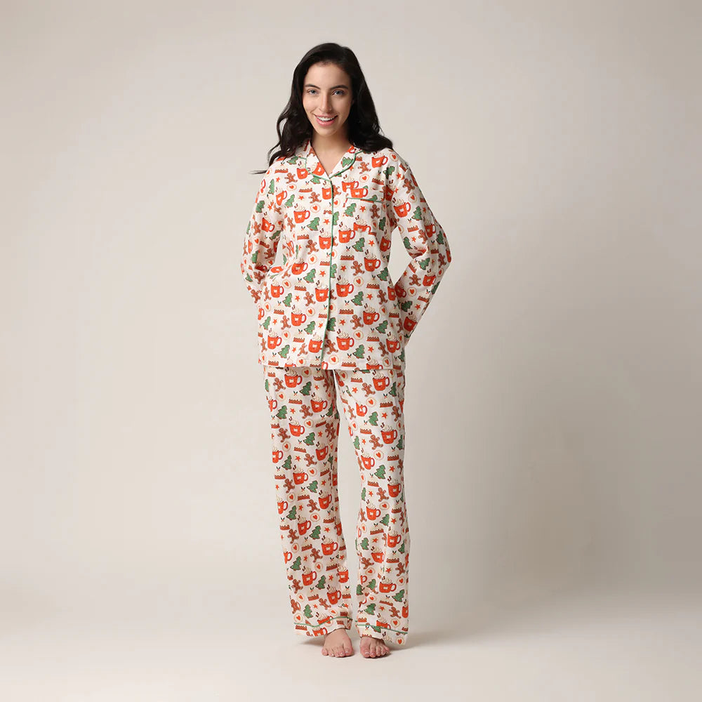women's cotton flannel button up pj set with hot cocoa and cookies print by mahogany