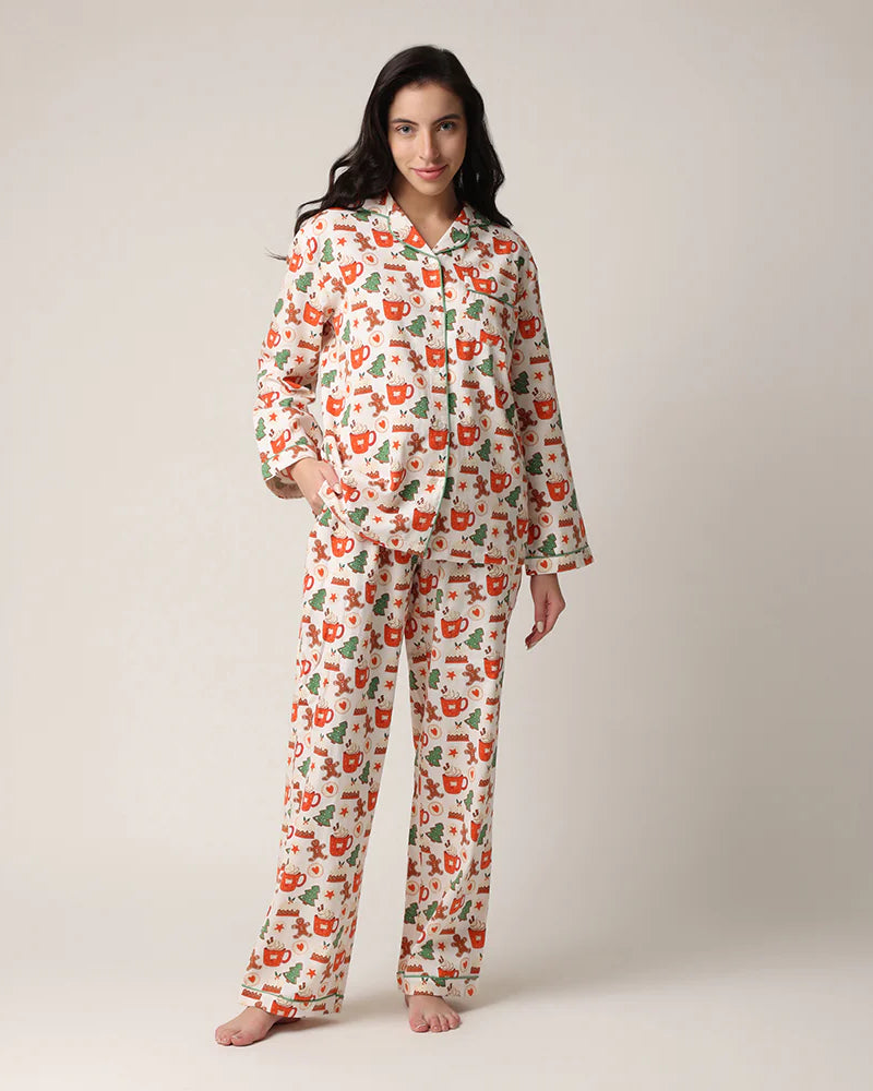 women's cotton flannel button up pj set with hot cocoa and cookies print by mahogany