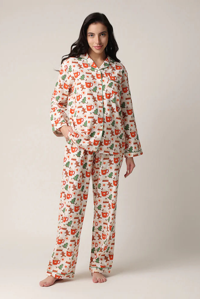 women's cotton flannel button up pj set with hot cocoa and cookies print by mahogany