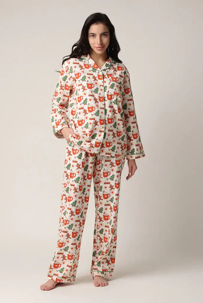 women's cotton flannel button up pj set with hot cocoa and cookies print by mahogany