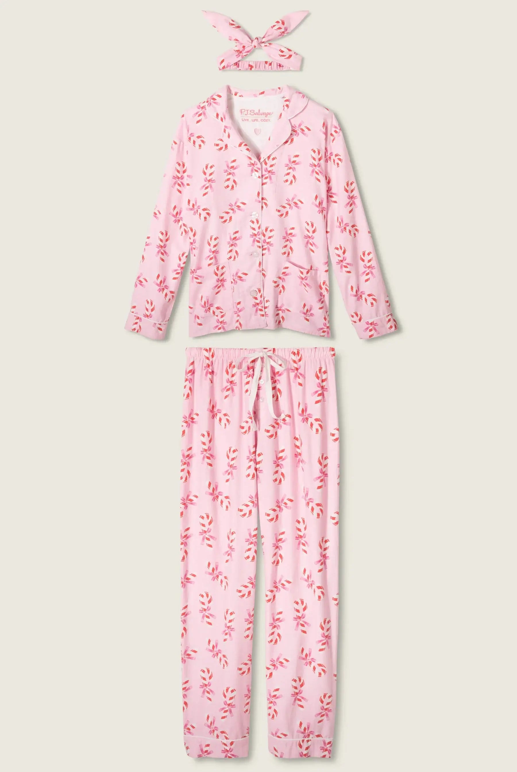 Sweeter Than Sugar 3-Piece Candy Cane Flannel PJ Set | Pink | PJ Salvage