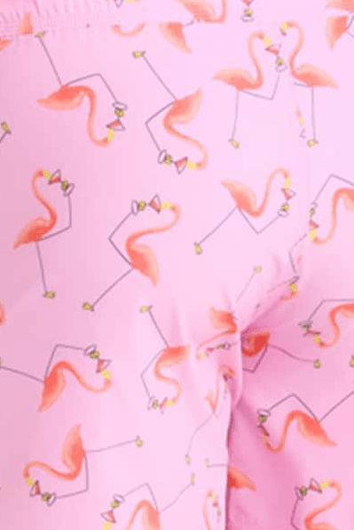 Back view of Oh Buoy 2N1 Volley Swim Short featuring a playful flamingo pattern on a pink background.
