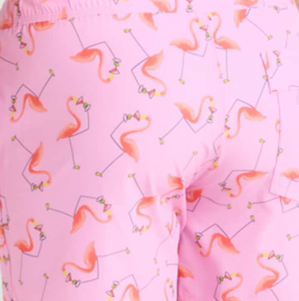 Back view of Oh Buoy 2N1 Volley Swim Short featuring a playful flamingo pattern on a pink background.