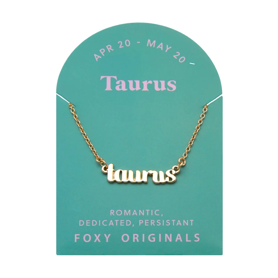Zodiac Script Necklace in 14K Plated Gold featuring Taurus astrological sign on packaging for astrology lovers.