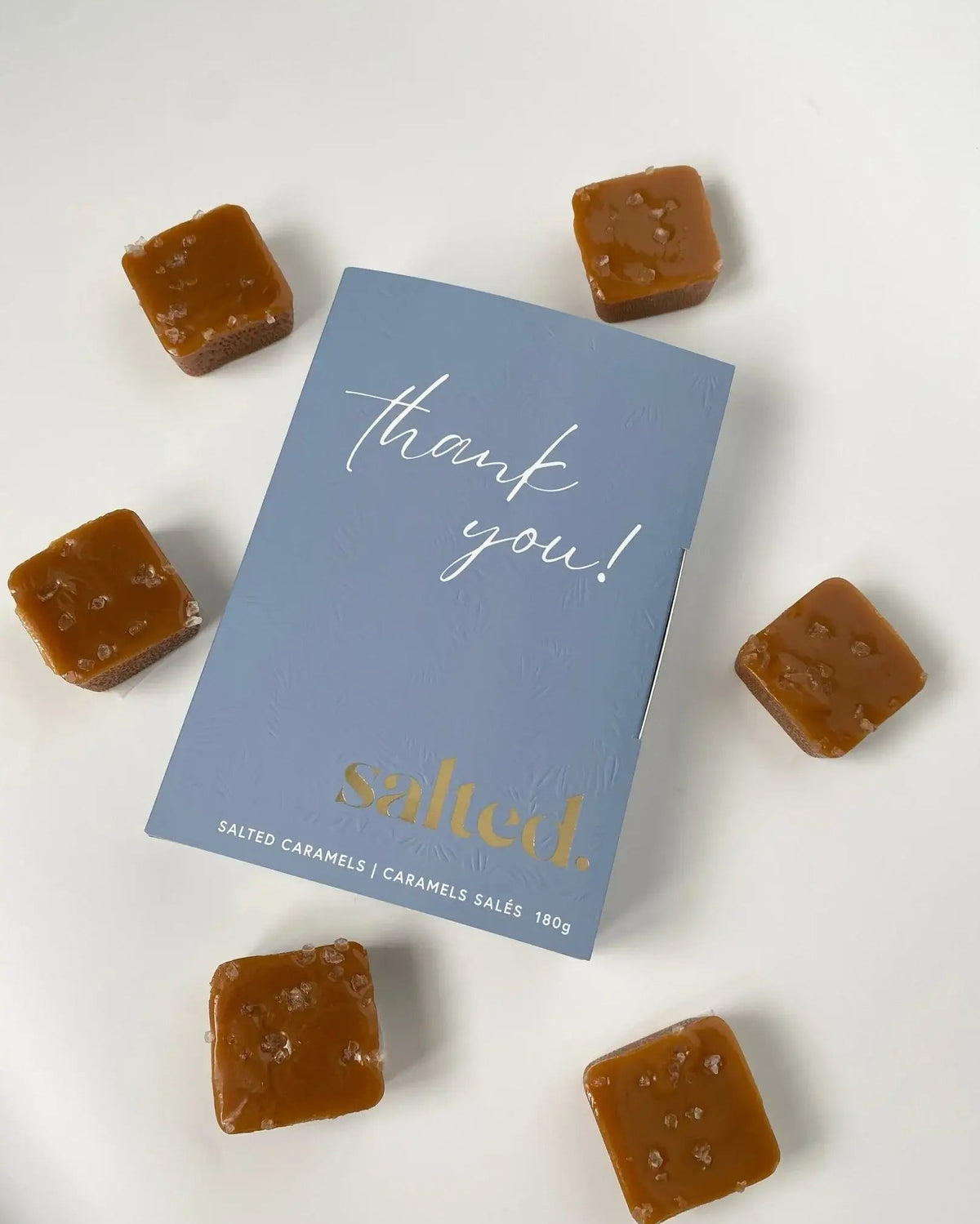 Shop Salted Thank You Box six classic sea salt caramels in embossed card box — Cloud Nine Pajamas