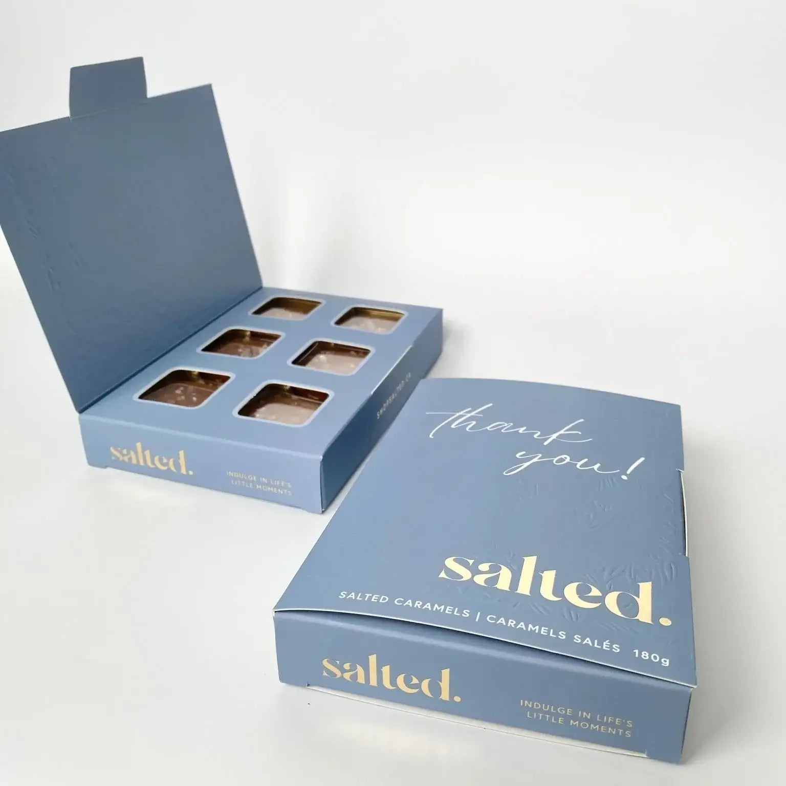 Shop Salted Thank You Box six classic sea salt caramels in embossed card box — Cloud Nine Pajamas