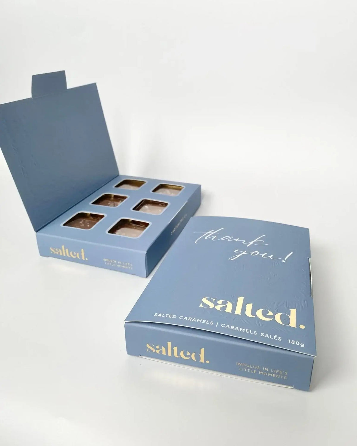 Shop Salted Thank You Box six classic sea salt caramels in embossed card box — Cloud Nine Pajamas