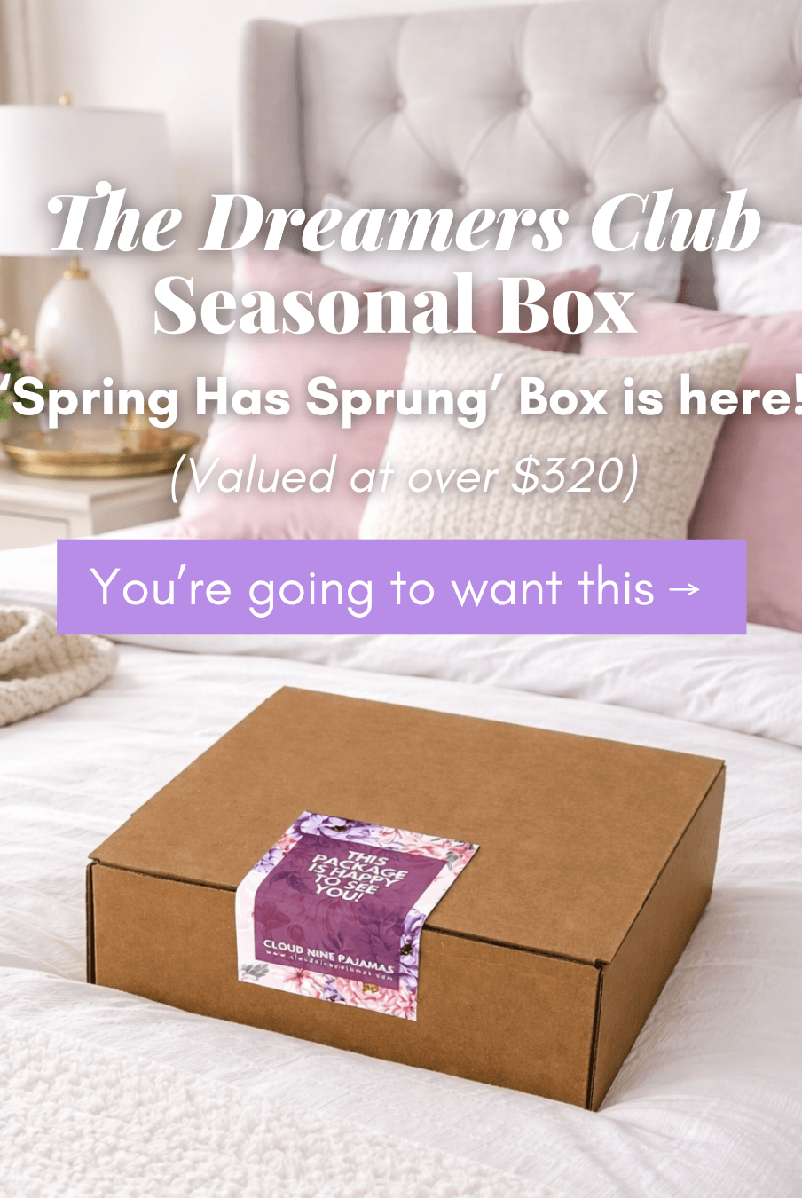The Dreamer's Club Seasonal Box featuring the Spring Has Sprung edition on a stylish bed setting.