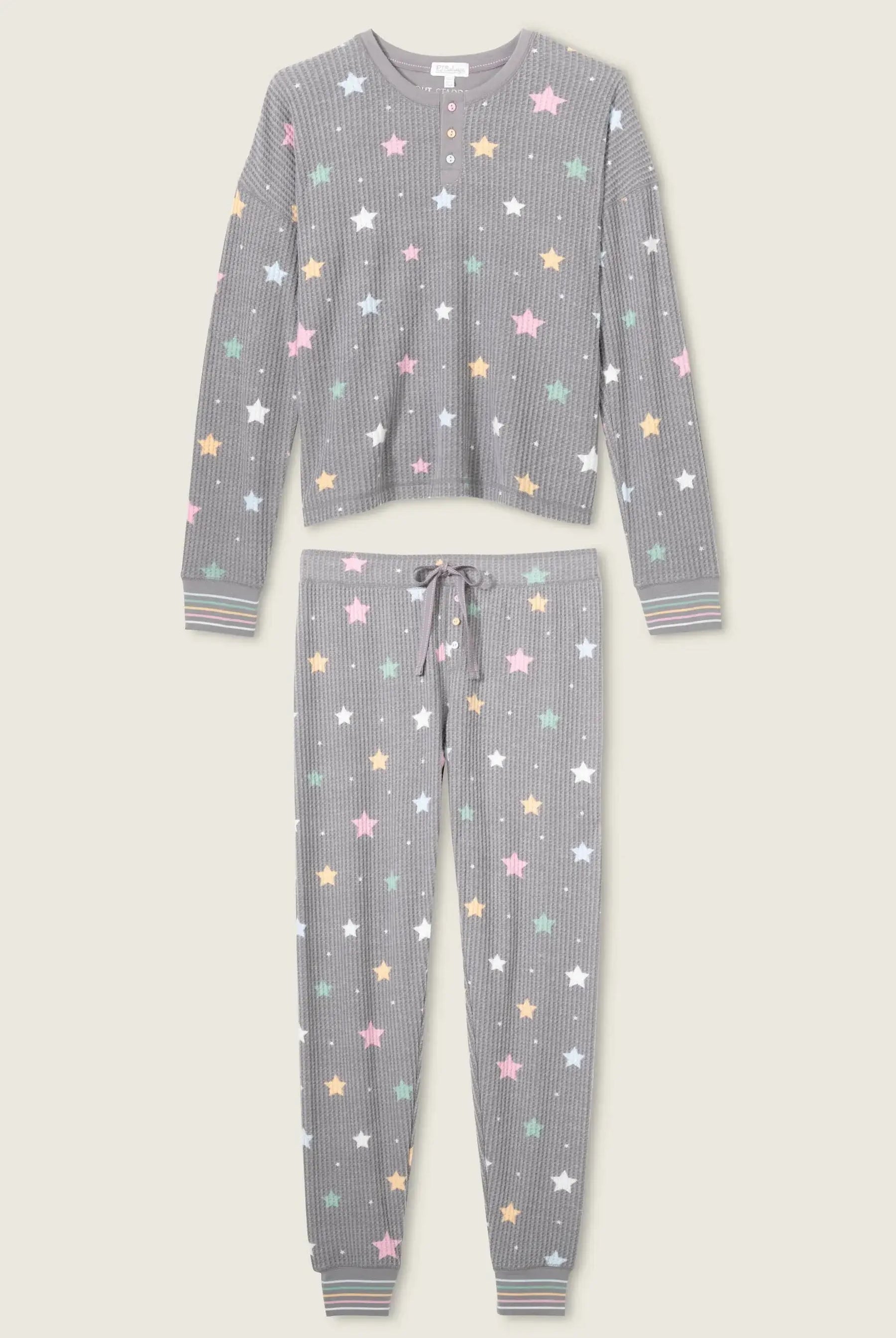 women's thermal waffle pj set with star print and charcoal grey background. Long sleeve top with buttons and Jogger bottoms by PJ Salvage