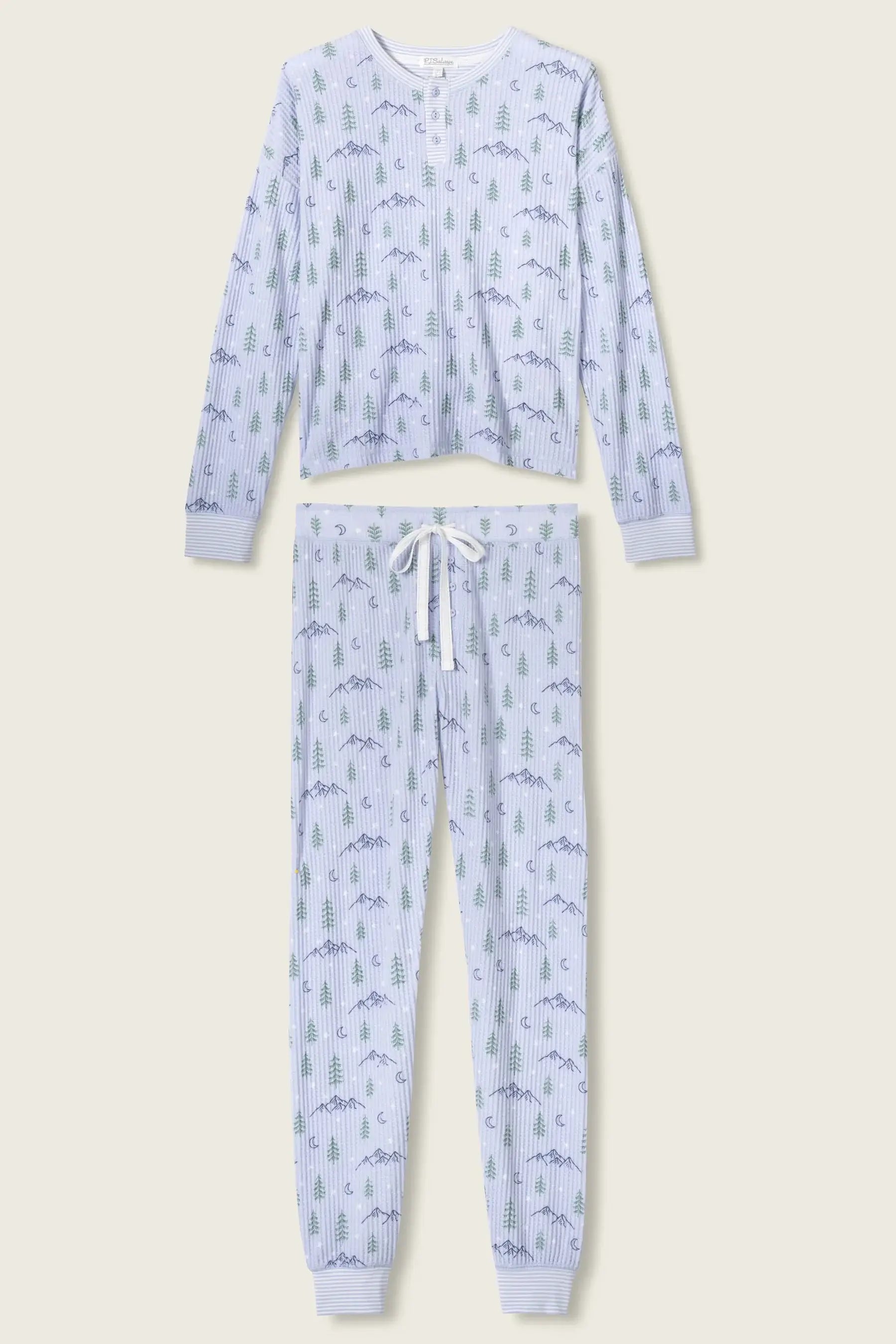 Mountain Dreams Thermal PJ Set featuring long sleeve top and jogger pants with alpine print.