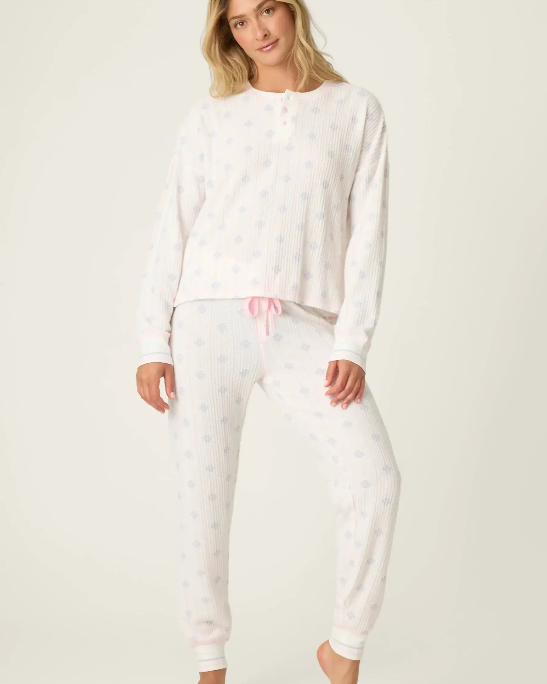 women's snow thermal henley pajama set with ivory background and pink details from PJ Salvage