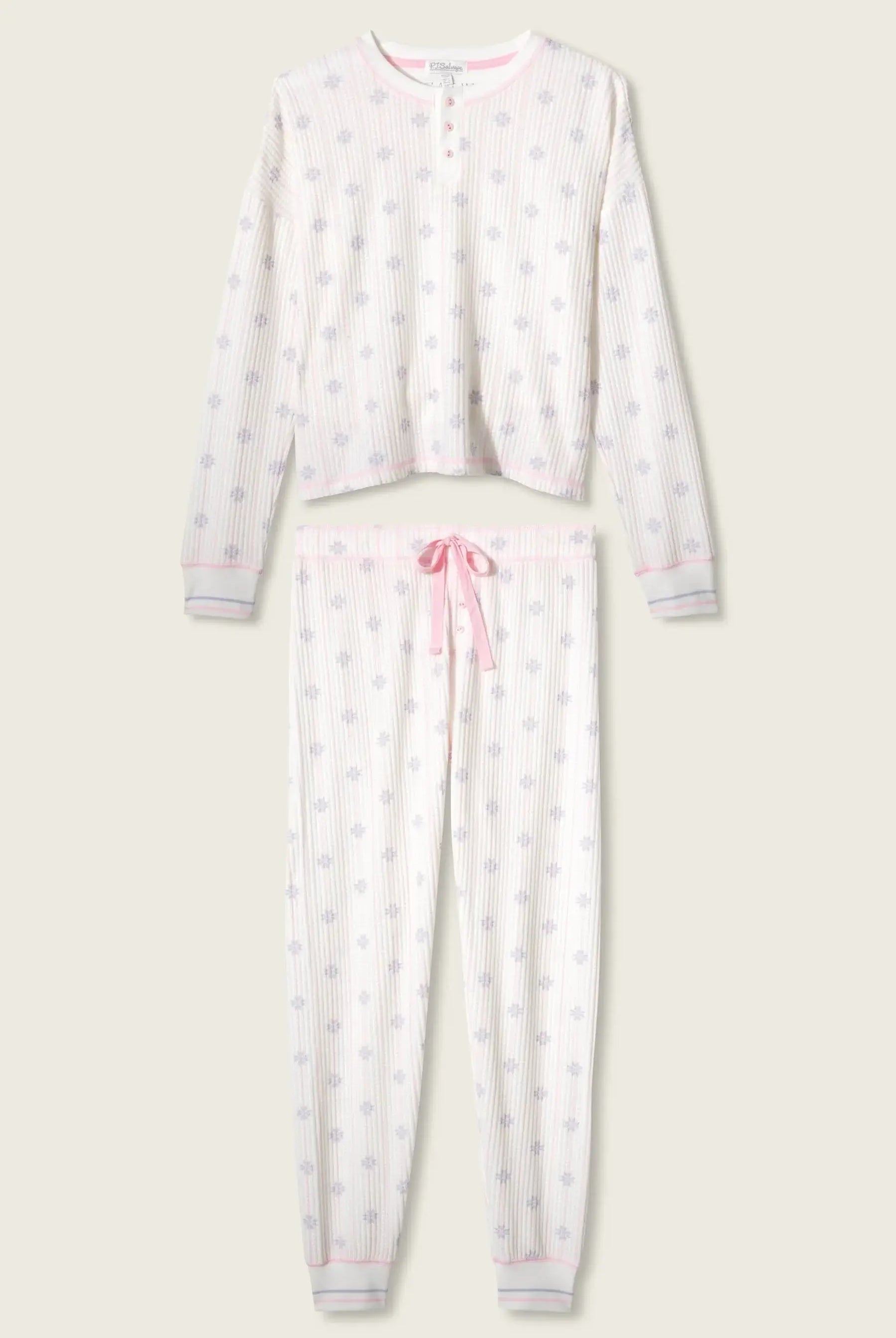 women's snow thermal henley pajama set with ivory background and pink details from PJ Salvage