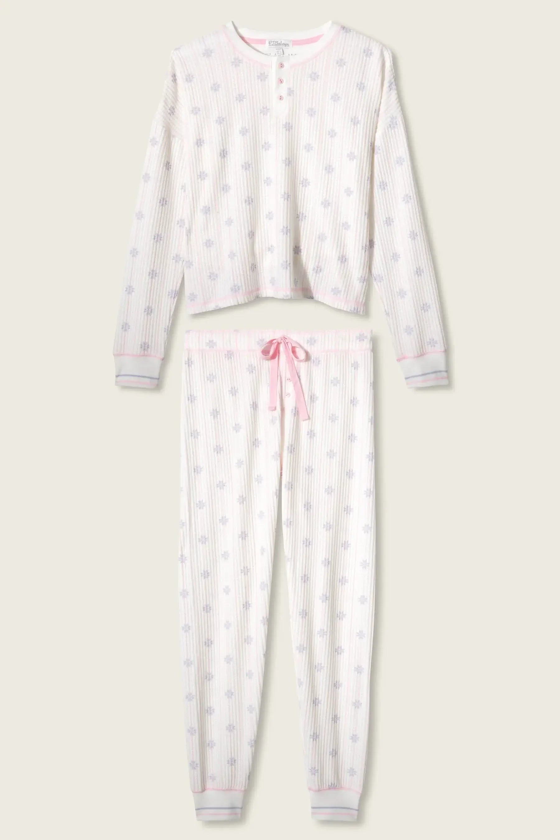 women's snow thermal henley pajama set with ivory background and pink details from PJ Salvage