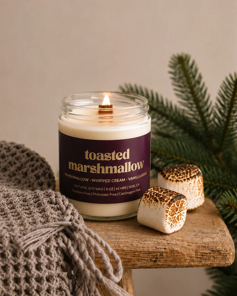 Prairie Creek Candle Toasted Marshmallow 8oz soy candle amber jar — Cloud Nine Pajamas Edmonton
