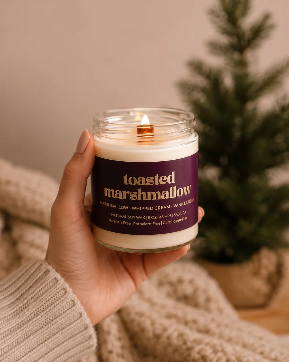 Prairie Creek Candle Toasted Marshmallow soy candle wooden wick close-up — Cloud Nine Pajamas